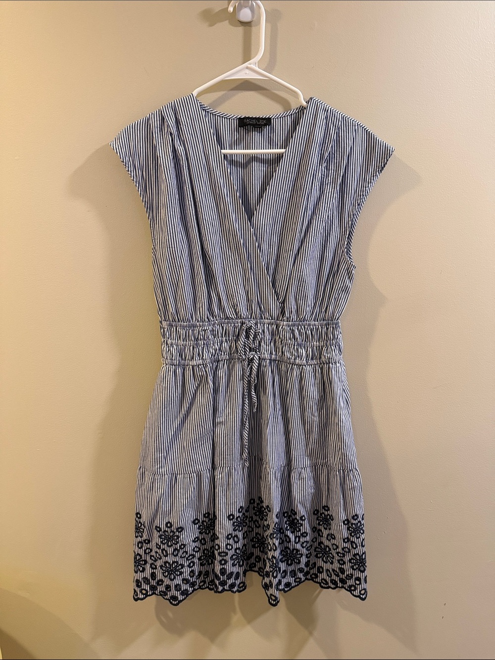 Rachel Zoe Blue and White Striped Mini Dress with Embroidered Hem